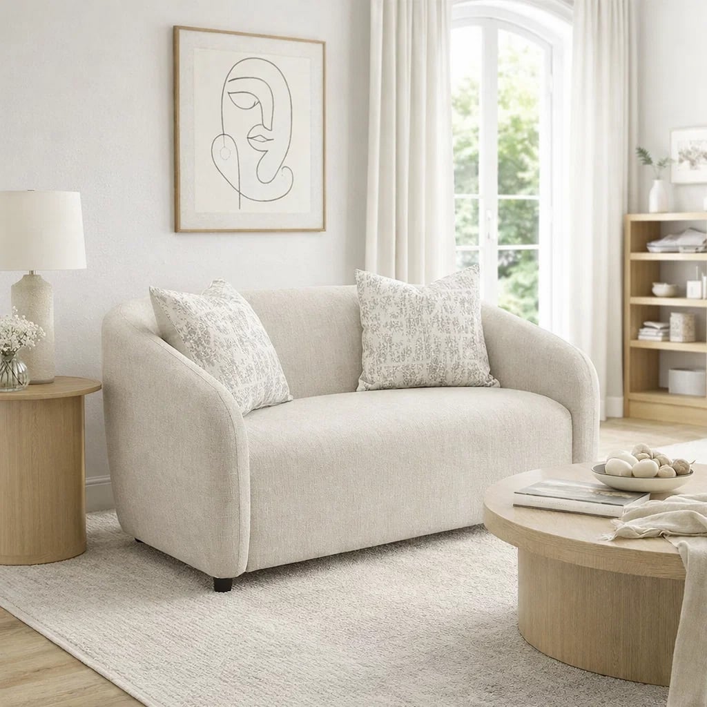 Tiena Loveseat, 2 Accent Throw Pillows, Modern Beige Linen, 67 Inch