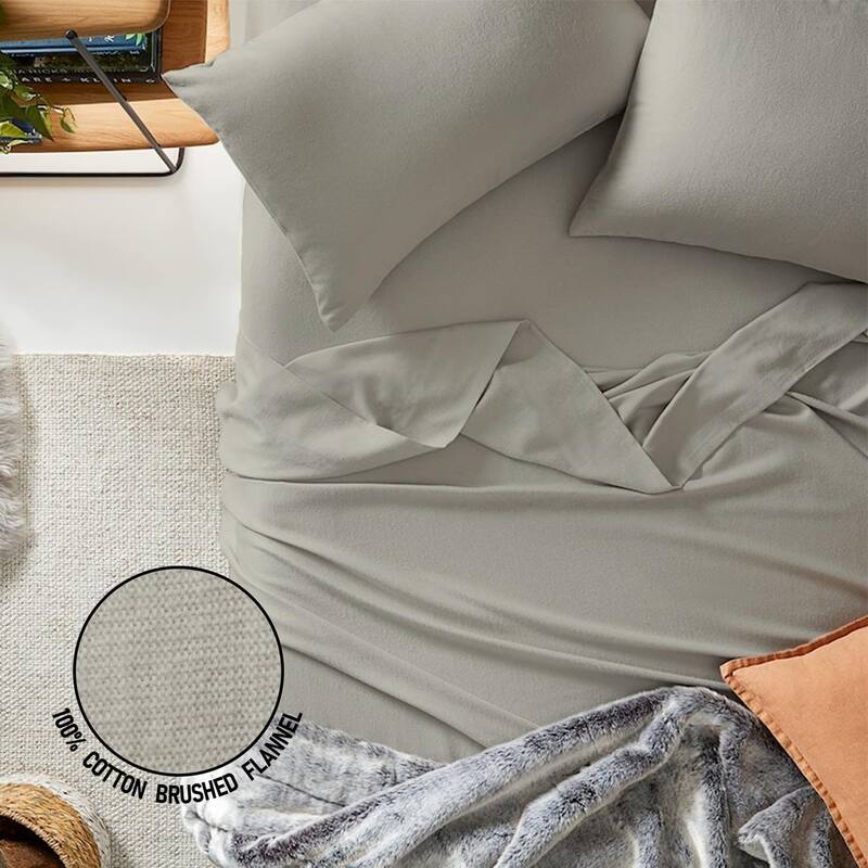 Flannel Fitted Bottom Sheet 100 Percent Cotton Double Brushed Flannel -170 GSM Heavyweight, Deep Pockets & All Around Elastic - Light Grey - Full