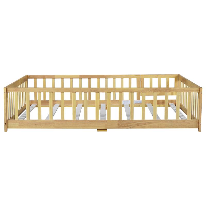 Full Size Floor Bed With Fence And Door,Rubber Wood Floor Bed With Safety Guardrails