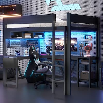 Wood Full Size Gaming Loft Bed with Desk, Storage Shelves, LED and Charging Station