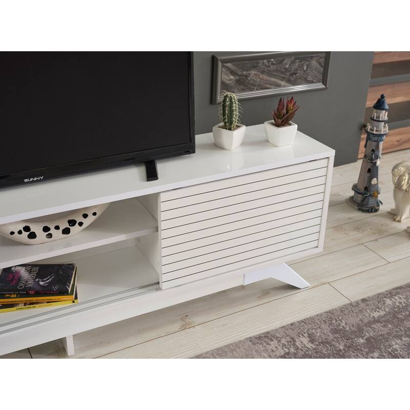 FurnisHome Store Luxia Mid Century Modern Tv Stand 2 Sliding Door Cabinet 2 Shelves 67 inch Tv Uni, White