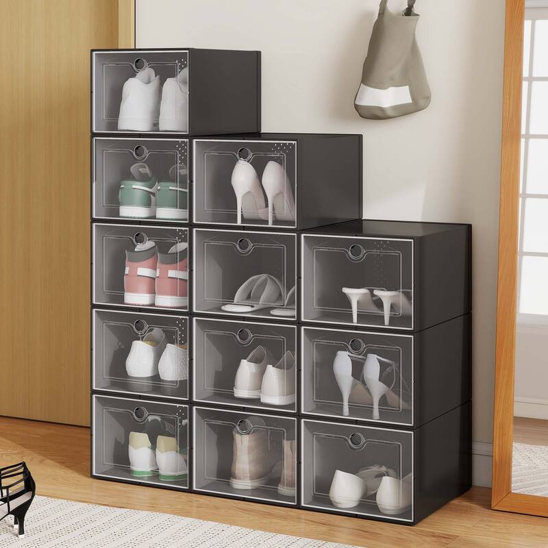Moasis Shoe Organizer Box, 12/18/24 PCS Medium/ Large Shoe Storage Stackable Shoe Box Rack Containers Drawers - 12psc Large Black