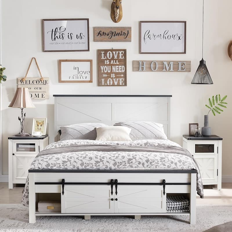 Farmhouse Full size Wood Bed Frame with Sliding Barn Door storage - White