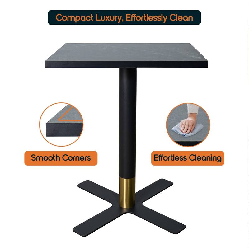 Vail Square Dining Table with 24 in. MDF Tabletop in Black Stainless Steel Cross Legs with Gold Accent Base Kitchen Table