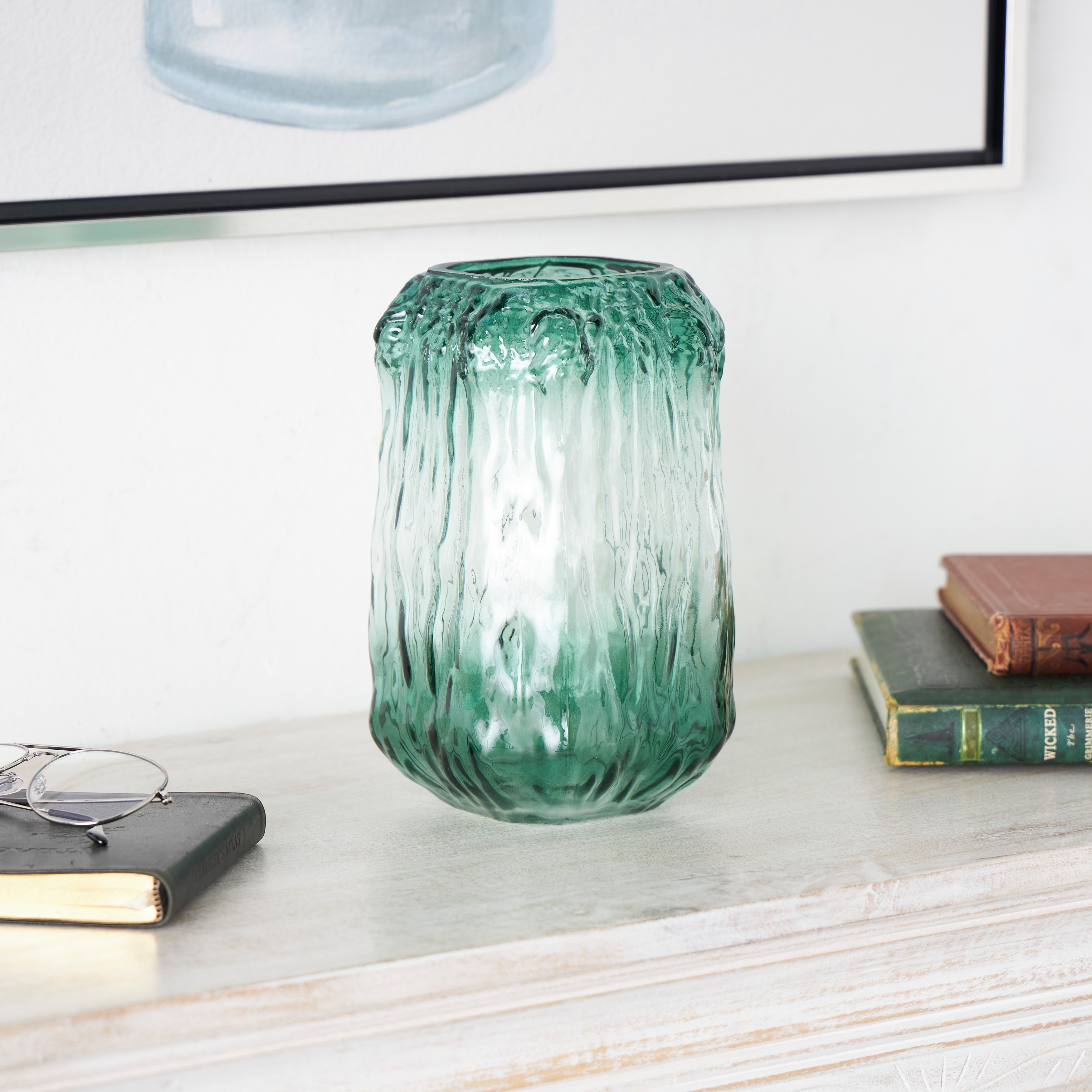 Green Glass Handmade Abstract Textured Rectangular Ombre Vase