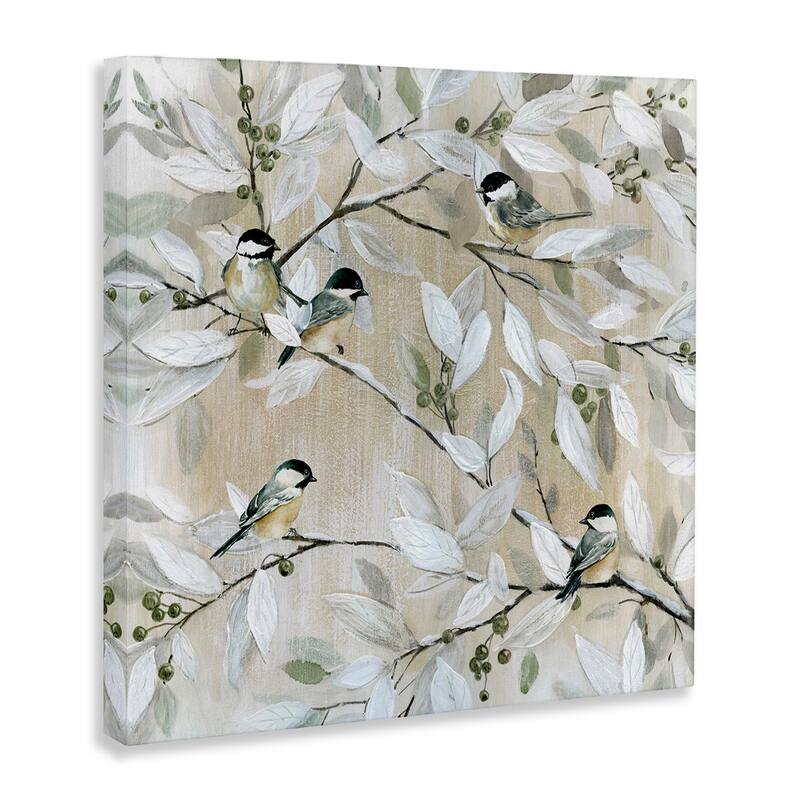 Stupell Chickadee Birds on Tree Branches Soft Berry Fruits Canvas Wall Art - White