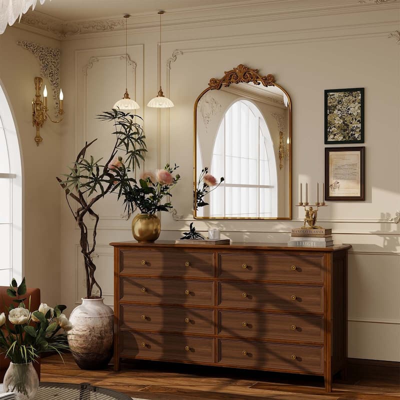 Metal Arch-top Bathroom Mirror with Baroque flower