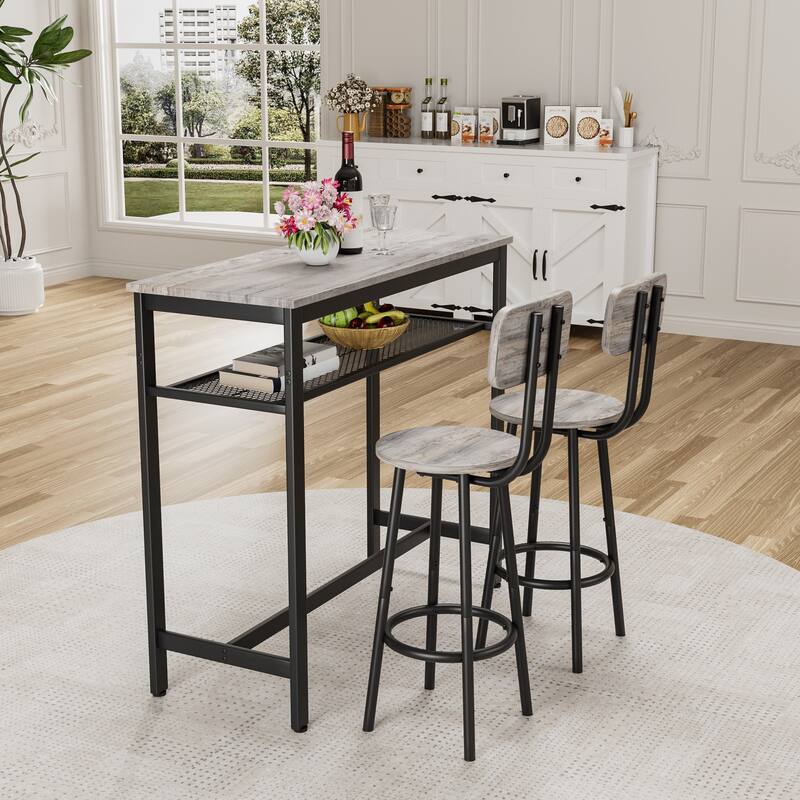 3 Piece Bar Table Set, Bar Table and Chairs Set of 2 with Metal Frame and Storage Rack