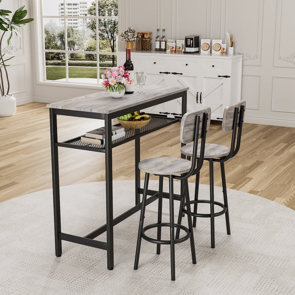 3-Piece Counter Height Table Set with 2 Foldable Stools, Grey Bar Table Set Kitchen Bistro Set with Storage Shelf