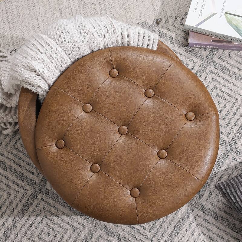 Adeco 17" Faux Leather Round Storage Ottoman with Tufted
