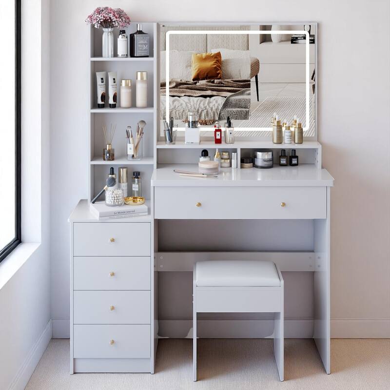 Makeup Vanity Desk with Extra Large Lighted Mirror, Left Drawer Cabinet, Adjustable LED Lighting, and Stool for Bedroom - White