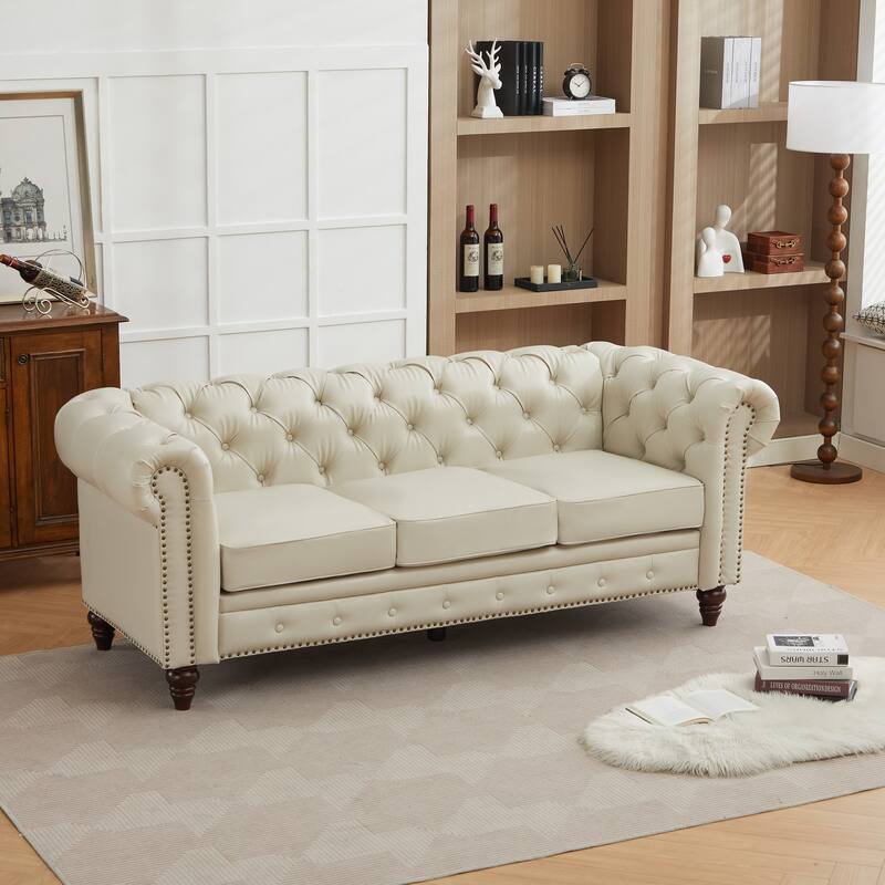 Vintage PU Button-Tufted Sofa Couch, Flared Arms, Rubberwood Legs & Nailhead Trim