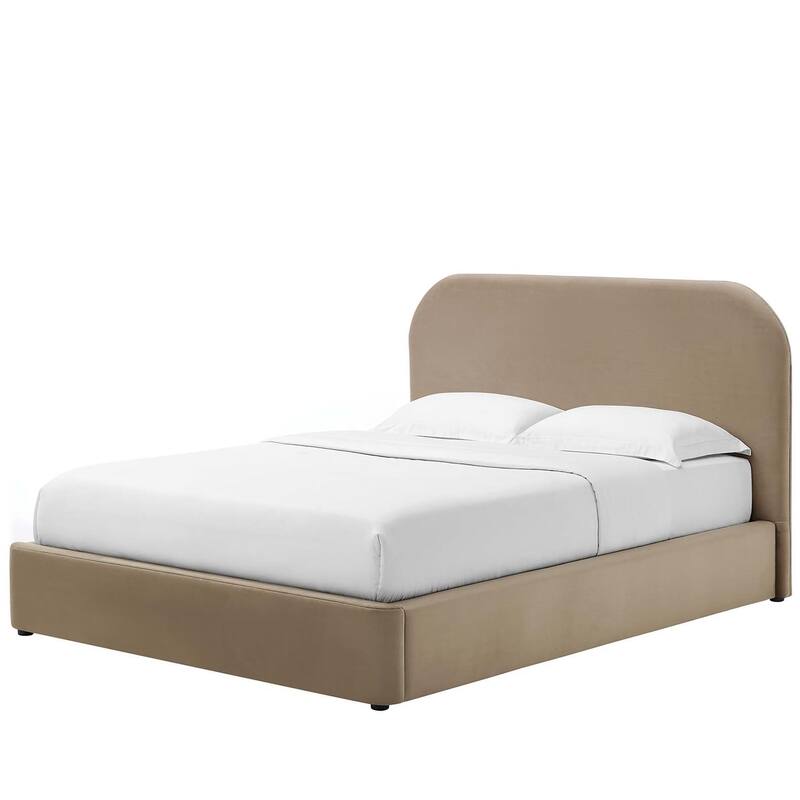 Hillsway Modern Curved Headboard Taupe Velvet Upholstered King Size Platform Bed