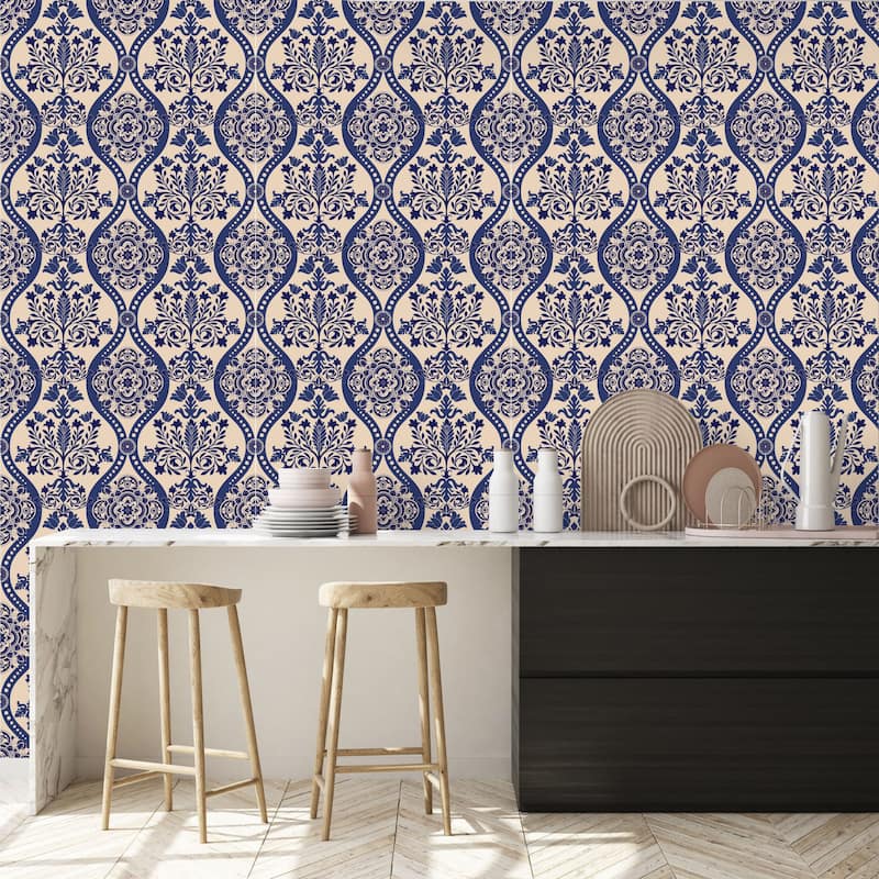 Dark Blue Floral Elements Wallpaper - Bed Bath & Beyond - 34987638