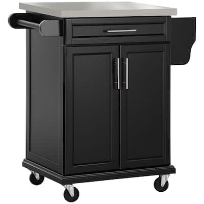 Kitchen Island with Stainless Steel Countertop, Rolling Island Cart on Wheels, Kitchen Cart with Drawer & 2-Tier Shelf