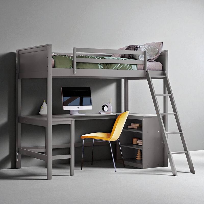 Twin Size Loft Bed with Shelves and Desk, Wooden Frame with Sturdy Ladder and Guardrails