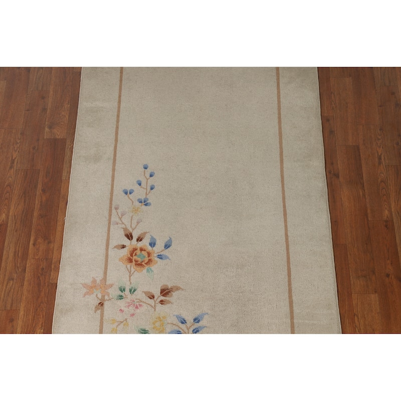 Vegetable Dye Art Deco Chinese Vintage Runner Hand-Knotted Wool Carpet - 3'0" x 11'8"