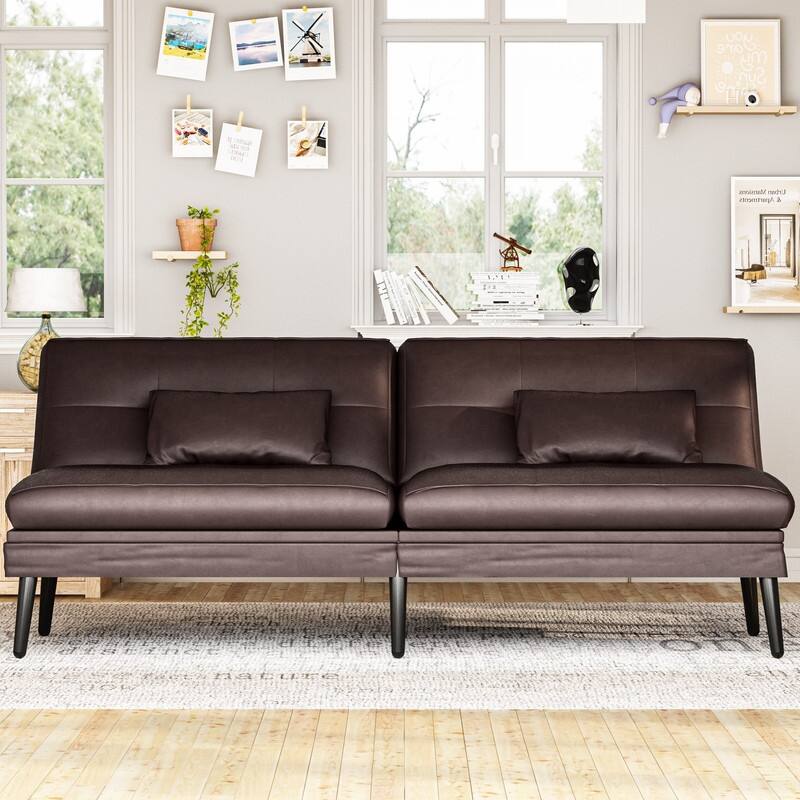 Grondin Convertible Futon Sofa Bed, 5-Angle Adjustable Backrest Sleeper Couch with 2 Pillows, Modern Style Recliner Lounge - Brown PU Leather