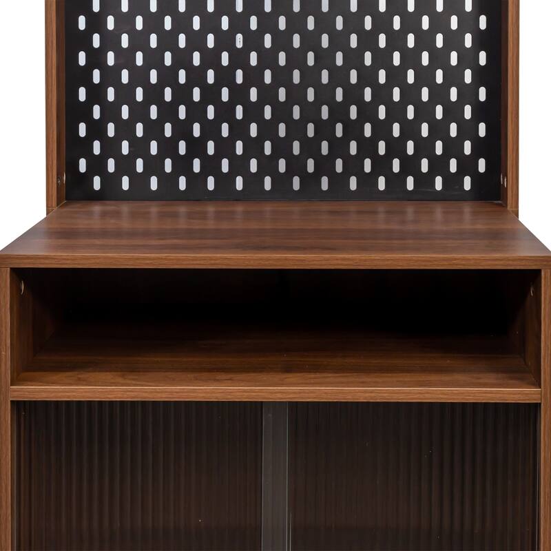 Kitchen Sideboard with Sliding Striped Glass Doors, Freestanding Wooden Floor Cabinet, Buffet Cabinet with Microwave Stand