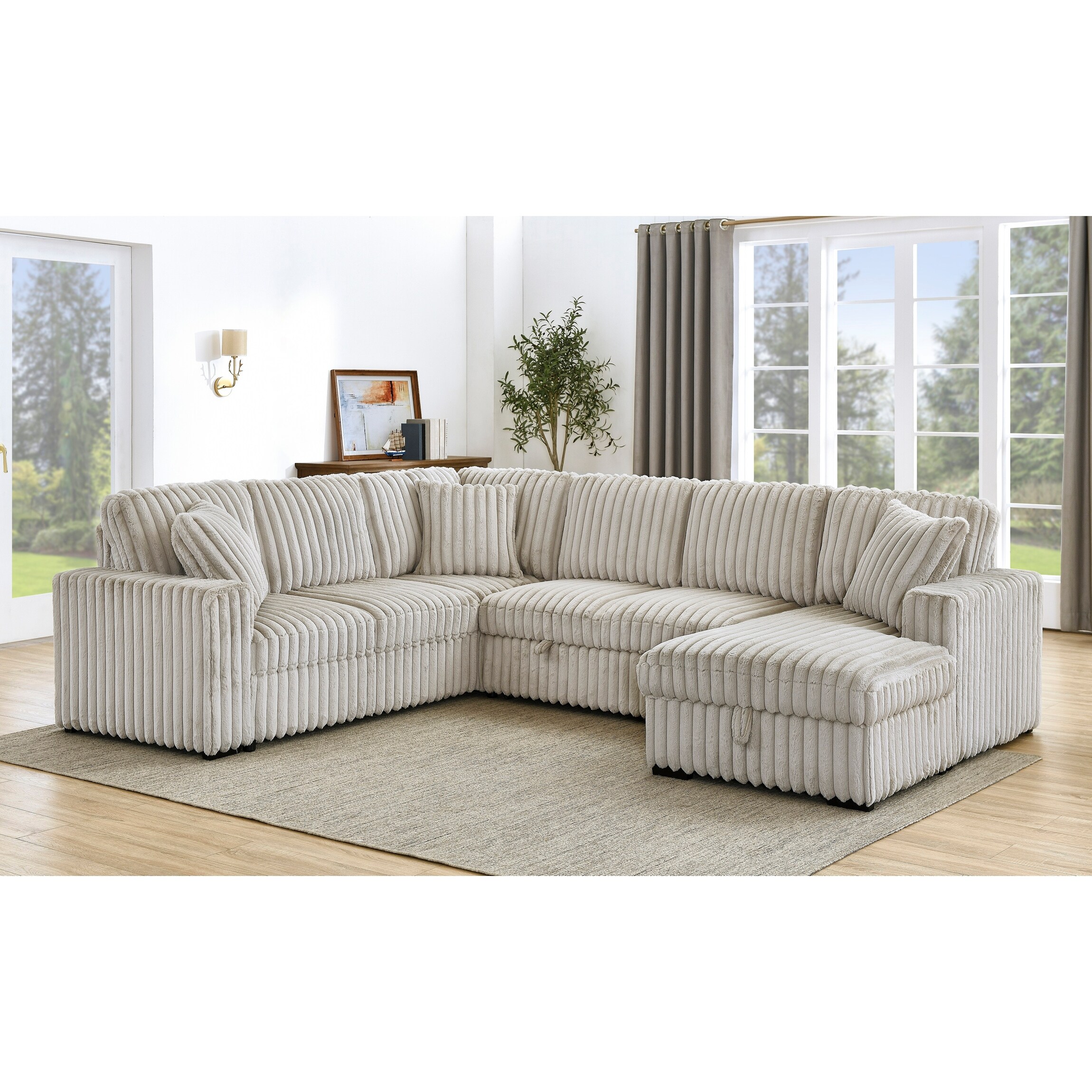 Roomfitters 122 Inch Pull Out Couch Plush Fabric Sofa Bed Comfy Upholstered Oversized U Shape Sectional Sleeper Sofa Bed