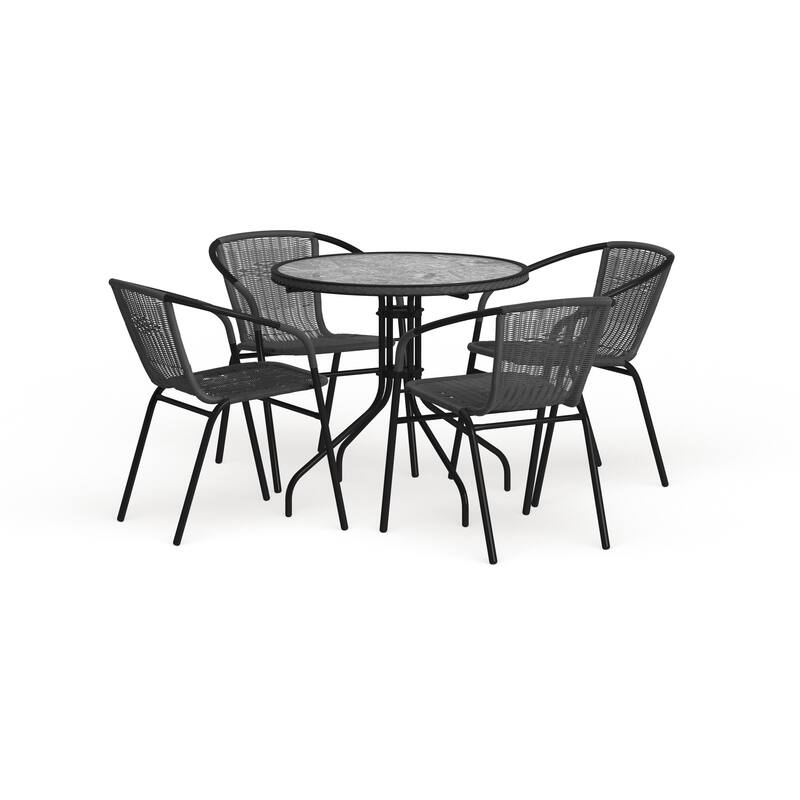 28'' Round Glass Metal Table with Rattan Edging and 4 Rattan Stack Chairs