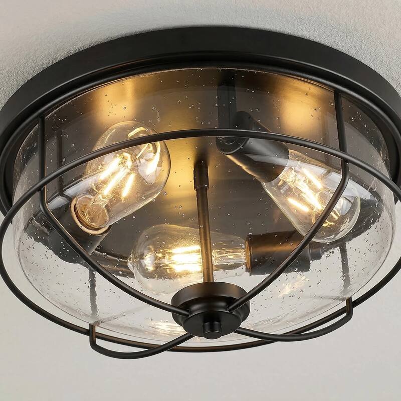 Flush Mount Ceiling Light Industrial Farmhouse Fixture with Seeded Glass Shade
