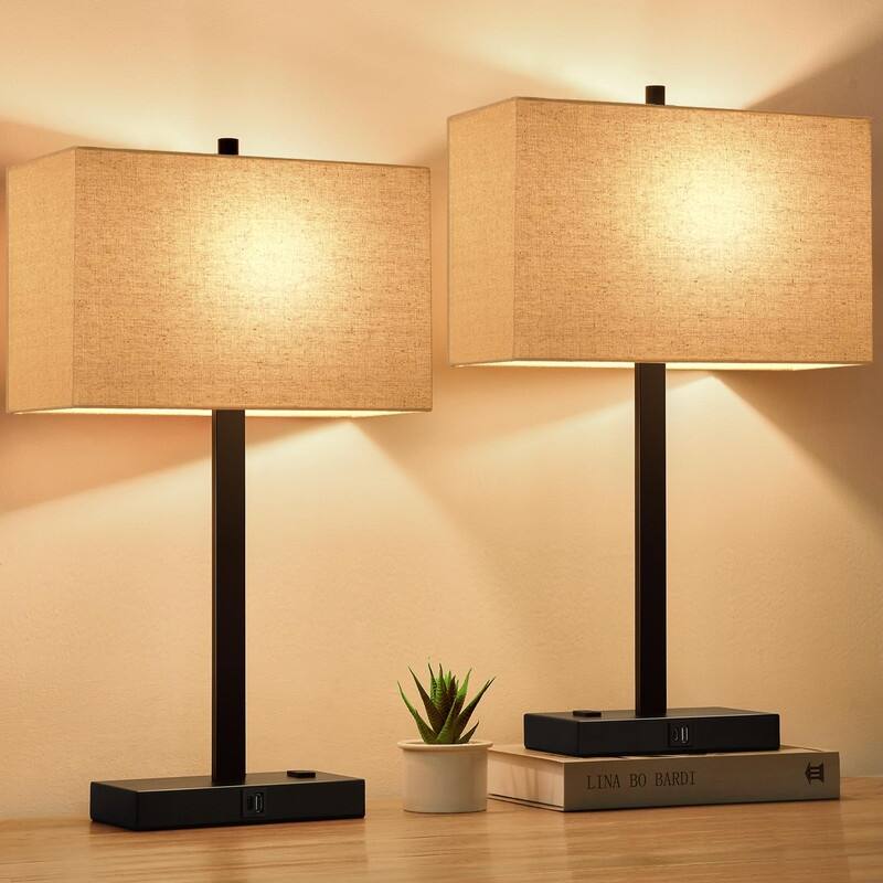 21" Set of 2 Touch Control Table Lamps with 2 USB & AC Outlets - 4.4"D x 7.8"W x 21"H - Beige Linen & Matte Black