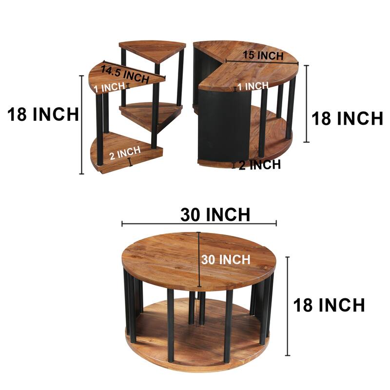 Jones 30-Inch Round Coffee Table, Handcrafted Natural Brown Acacia Wood, 3 Piece Split Design
