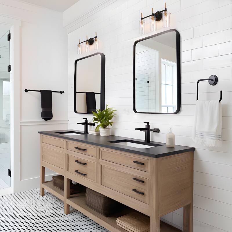 Modern Black Gold Bathroom Vanity Light Dimmable Wall Sconces with Cylinder Clear Glass