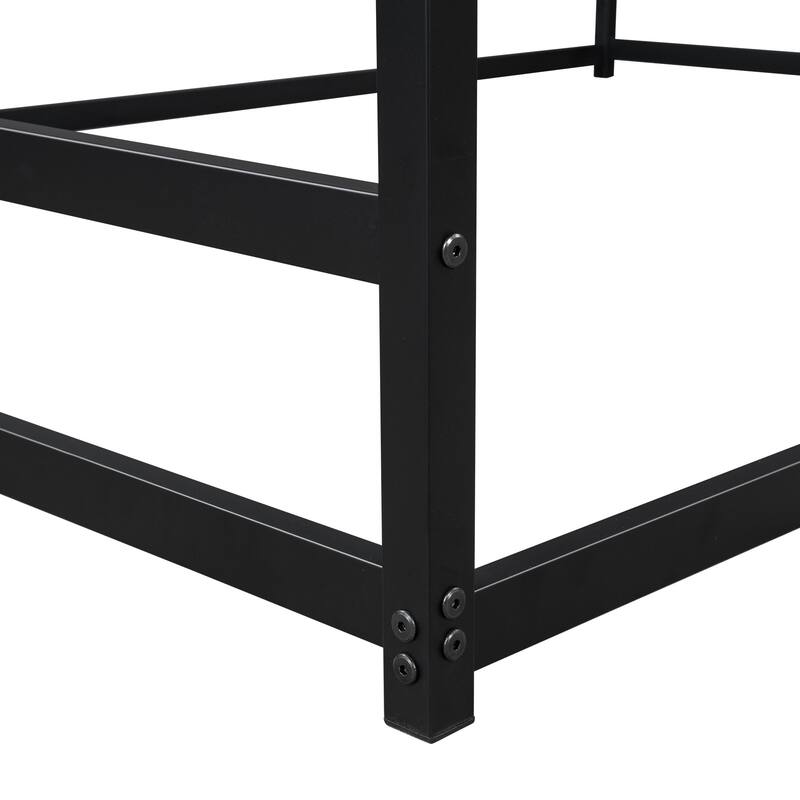 Queen Size Metal Floor Bed, Montessori Floor Bed with Roof, Black Bed