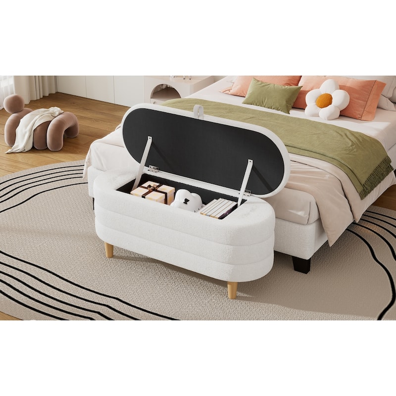 White Sherpa Storage Ottoman Bench with Wood Legs for Bedroom Living Room Elegant Design