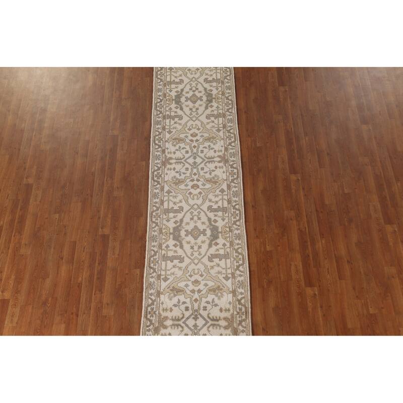 All-Over Ivory Oushak Oriental Runner Rug Hand-Knotted Wool Carpet - 2'6"x 11'9"