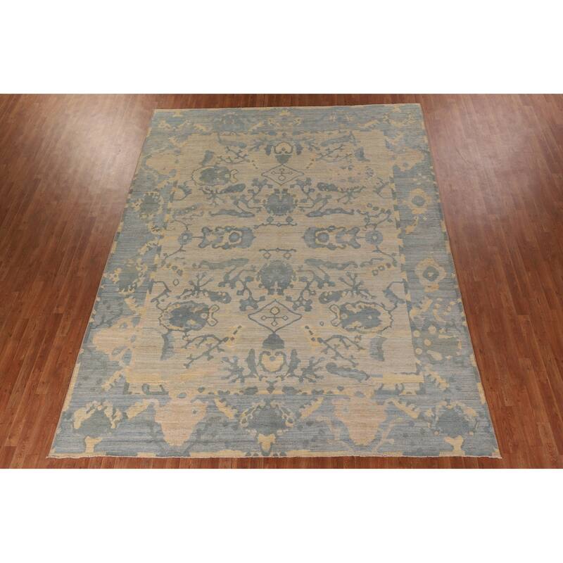 Vegetable Dye Floral Oushak Turkish Rug Hand-Knotted Wool Carpet - 9'6" x 11'11"