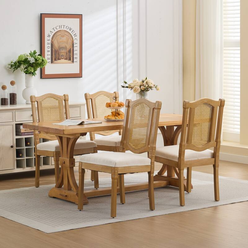 Linen Upholstered Dining Chairs Set of 2, Solid Wood Kitchen Side Chairs, Armless Lounge Chair with Rattan-Back