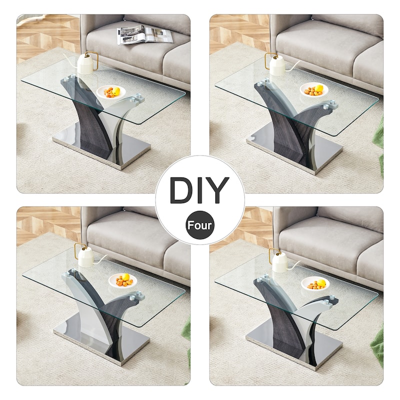 39.4" Modern Rectangular Coffee Table with Tempered Glass Countertop and Artistic MDF Legs