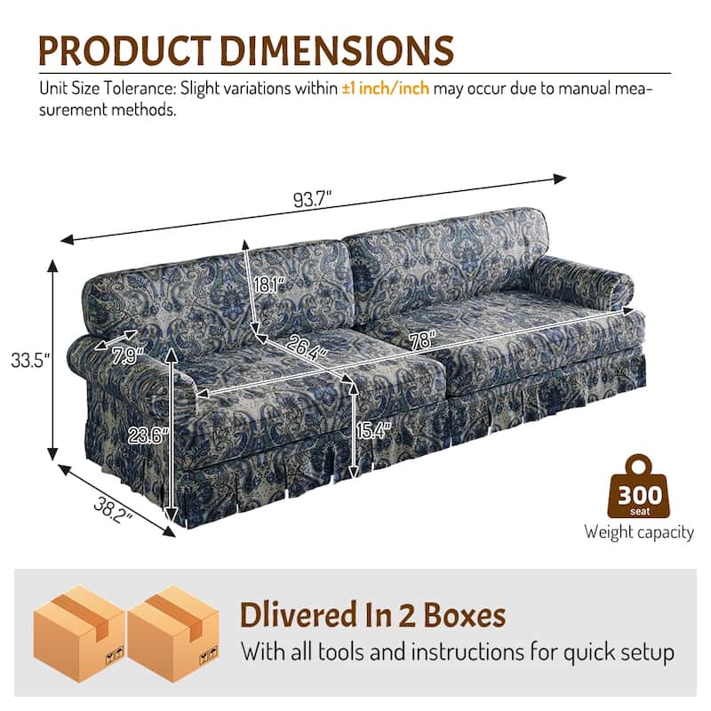 Homy Casa 3/4-Seater Chenille Cloud Sofa with Rolled Arms & Pleated Skirt, Extra Deep Seat, Multiple Colors