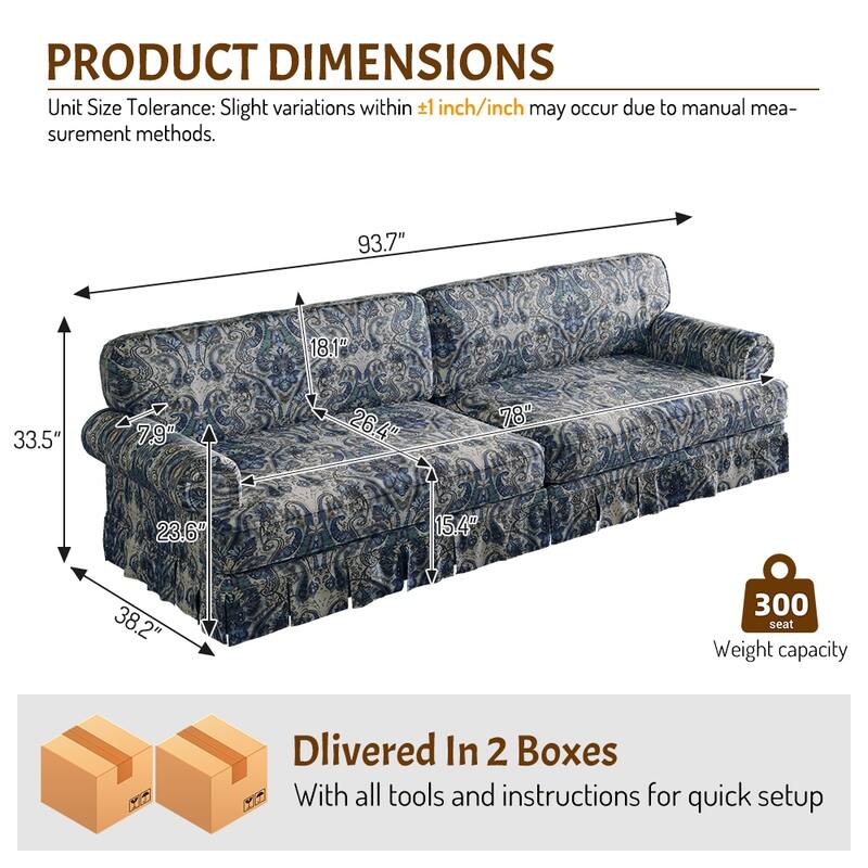 Living Room Sofa 74"/93.7" Classic Rolled Arms Couch with Pleated Skirt Design, Mid-Century Upholstered Sectional Couch