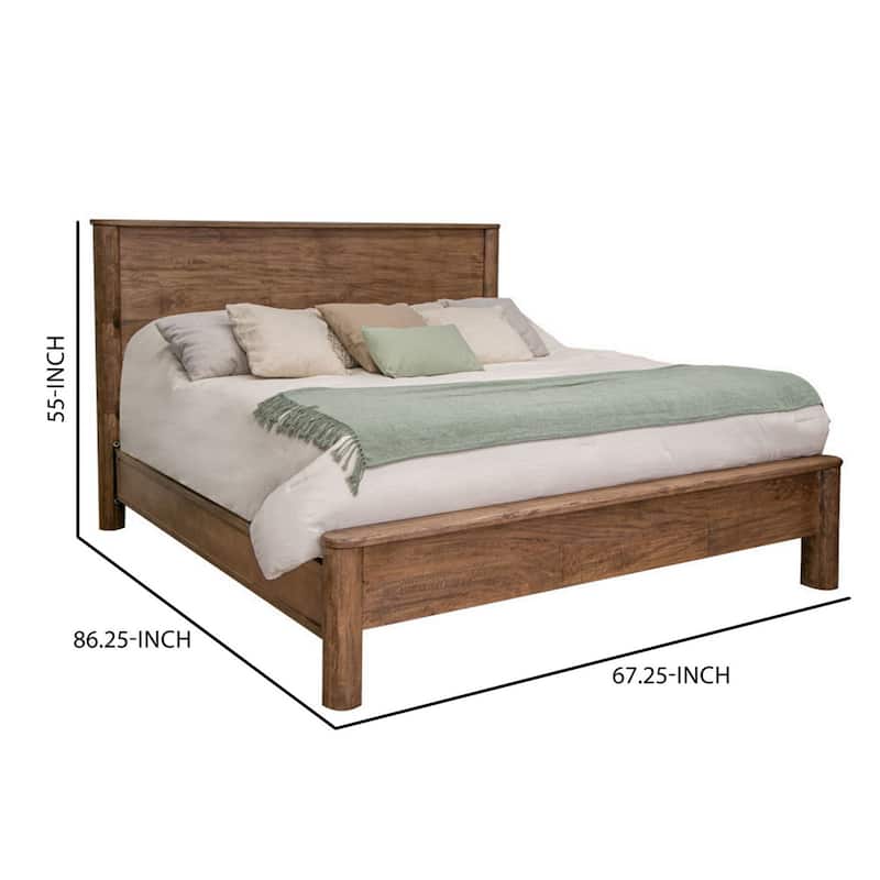 Olum Queen Size Bed, Mango Wood, Grain Details, Rounded Edges, Rustic Brown