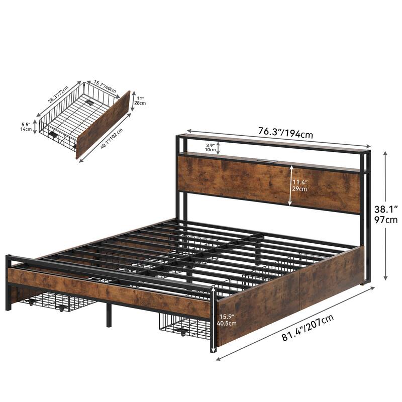Moasis Queen Metal Platform Bed with LED Wooden Headboard