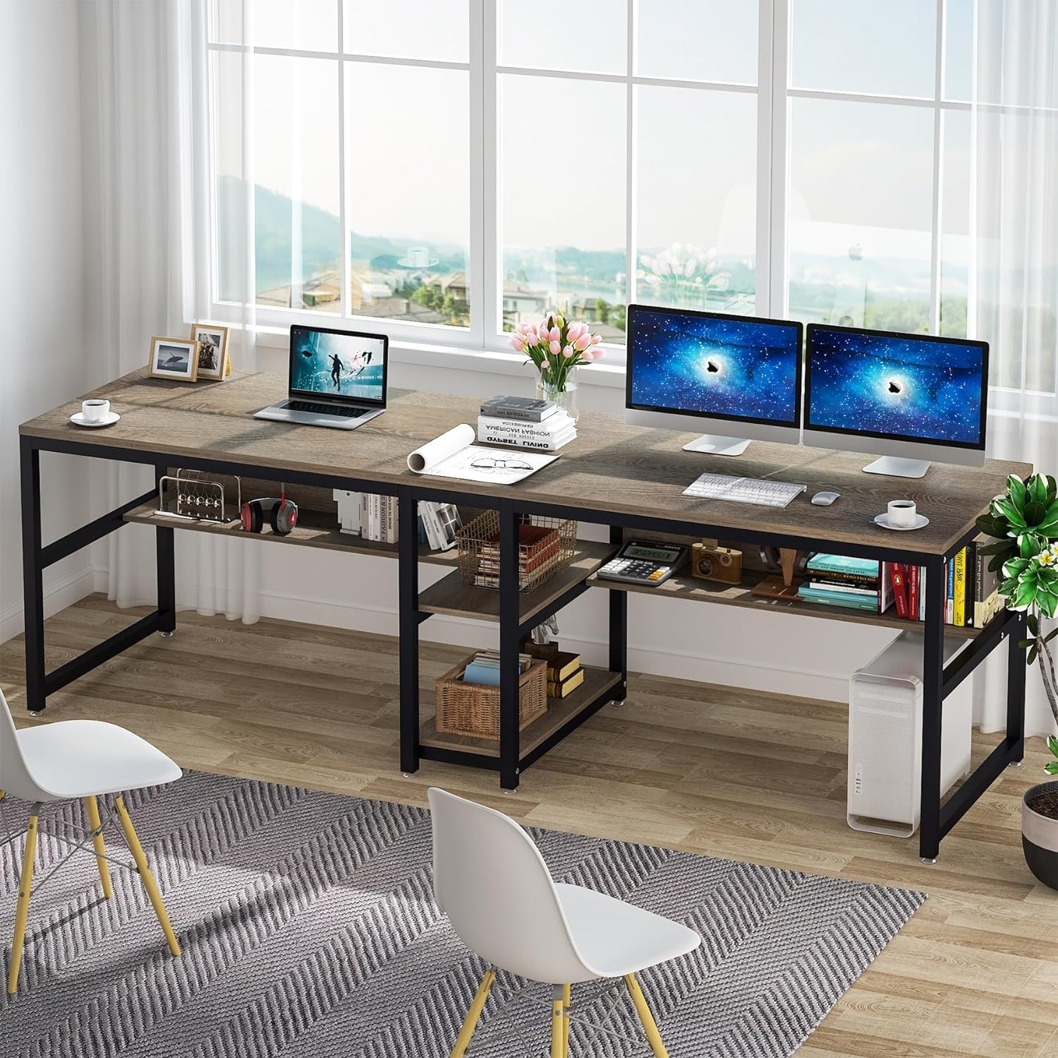 Tribesigns two person desk with bookshelf 78.7 discount computer office double desk for two person
