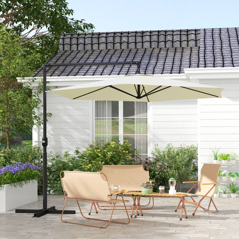 Outsunny 9.5FT Cantilever Patio Umbrella with Crank, Cross Base and Air Vent, Round Hanging Offset Umbrella, Heavy Duty Outdoor - Beige