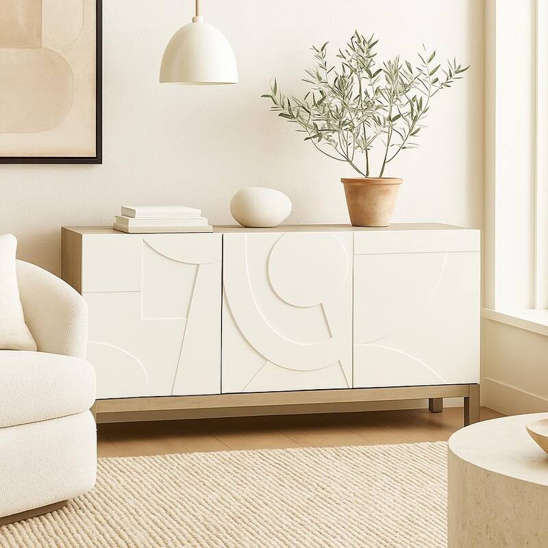 Wooden Geometric 3 Door and 1 Interior Drawer Sideboard - White - Roche River Decor - 19"W x 68"L x 32"H