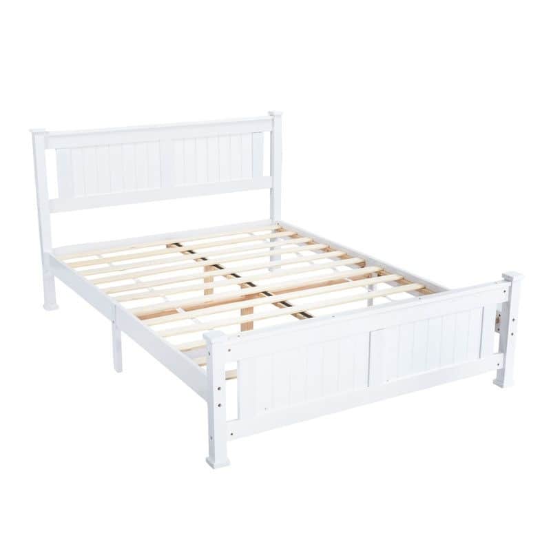 Wood Bed Frame Full Size Platform Bed with Headboard White - Queen