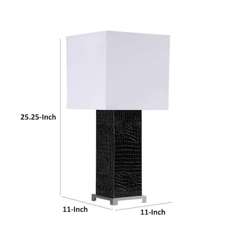 25 Inch Table Lamp, Square White Shade, Modern Black Crocodile Pattern Base