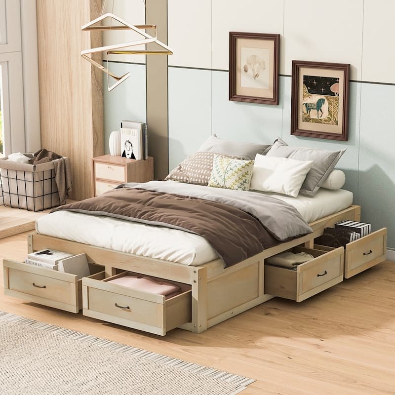 Full Size Platform Bed with 6 Storage Drawers - Antique Natural