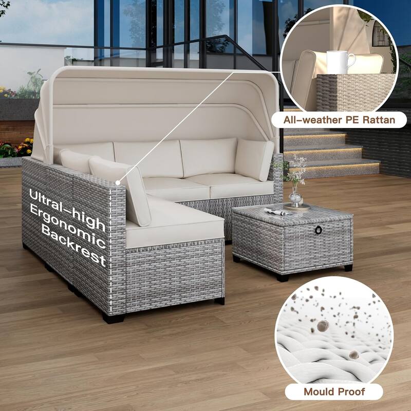 6-Piece PE Rattan Patio Sectional Set, Weather-Resistant Furniture, Retractable Canopy, Adjustable Backrest, Outdoor