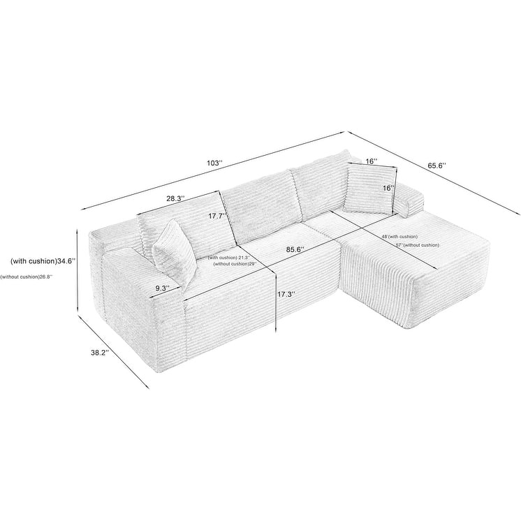 Corduroy Upholstery Cloud Modular Sectional Sofa with Chaise and Pillows, All-Foam Compression Design