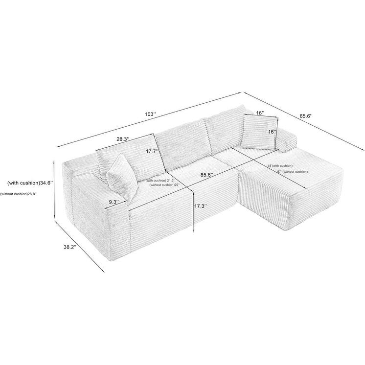 Modular Sleeper Couches Corduroy L-shaped Sectional Sofa with Chaise - Yellow