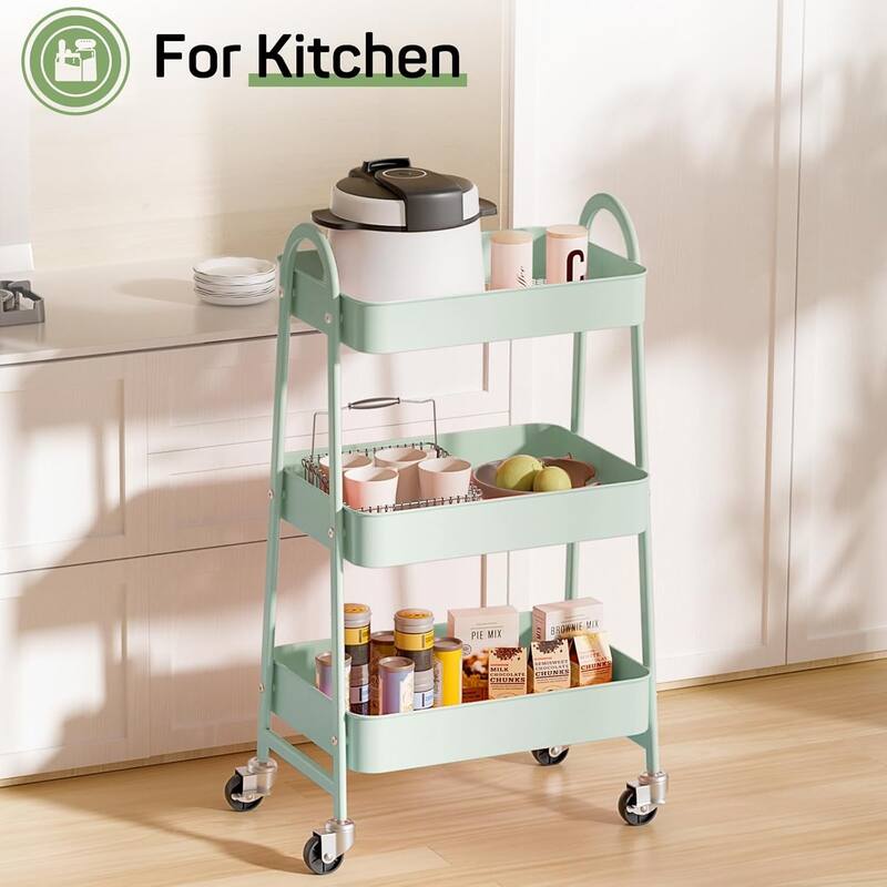 3 Tier Utility Rolling Cart, Metal Storage Cart, Storage Organizer Trolley for Kitchen, Living Room, Office, Garage