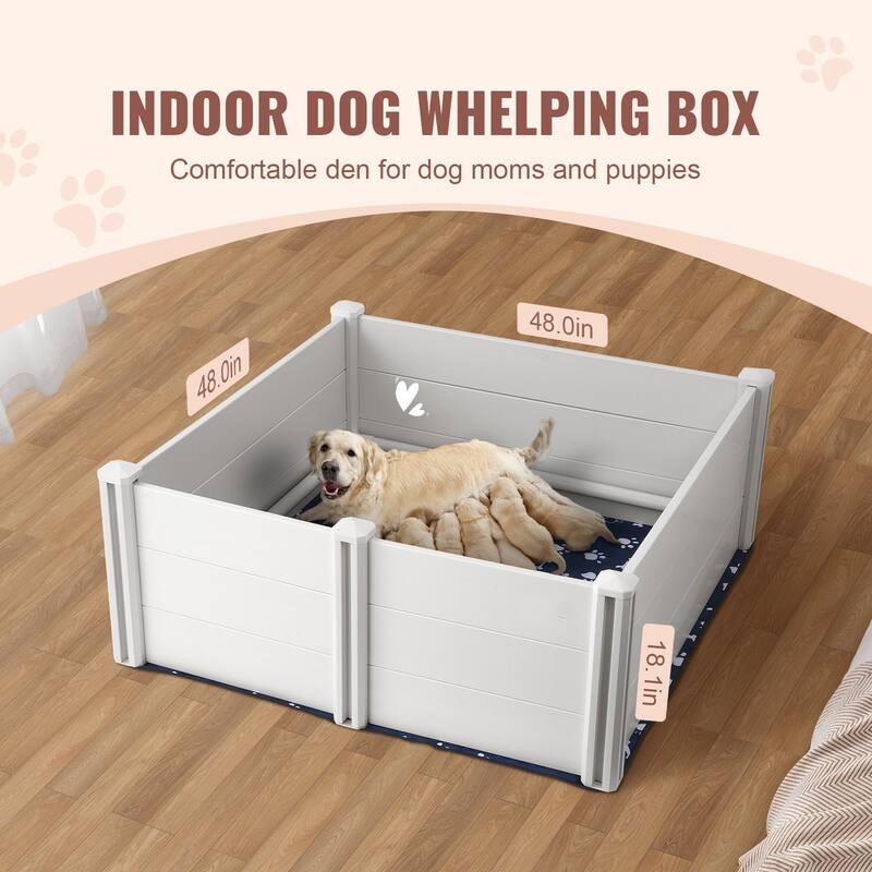 White PVC Plastic Dog Whelping Box with Rails Pee Pad Ideal for Indoor Dogs and Puppies